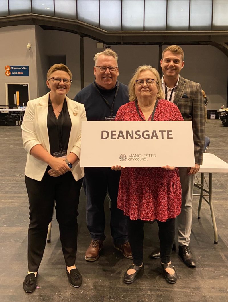 Deansgate Labour Councillors William, Joan, and Marcus celebrate Joan